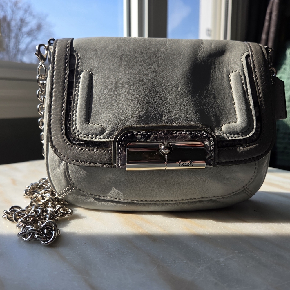 Kristin Spectacularo Coach Silver and Gray Leather Chain Crossbody Bag